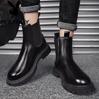 花花公子切尔西靴男中帮烟筒靴夏季透气机车高街风马丁靴男士高帮皮靴