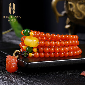 欧采妮天然保山南红蜜蜡手串108颗玛瑙手链貔貅柿子红满肉男女款配碧玉 南红貔貅