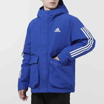 adidas阿迪达斯棉服男装上衣2021冬季新款三条纹运动服连帽防风保暖