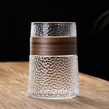 莘晨日式玻璃杯商用茶杯木套防烫绿茶杯茶水分离带盖泡茶杯子圆形水杯