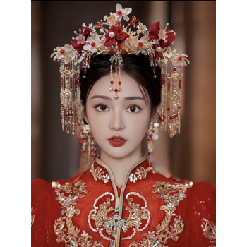 馥兰缇秀禾服头饰中式新娘凤冠2023新款红色蝴蝶结琉璃发冠古风婚礼