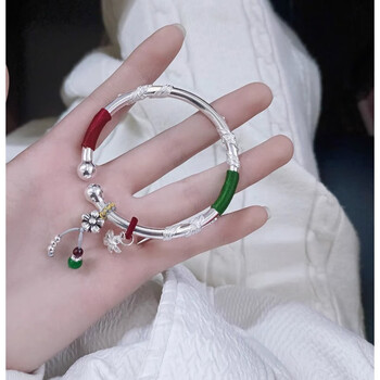 hzck9999足银手镯女开口式对珠古风繁花似锦绕绳首饰品送女友礼物 足