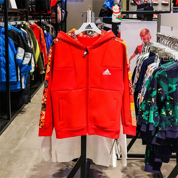 adidas阿迪达斯二童装22春节男女中大童新年款连帽针织夹克外套hm7396