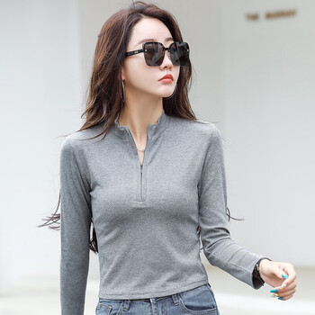 春秋女装半拉链小立领棉质长袖t恤女色短款小个子紧身显瘦女生早秋外