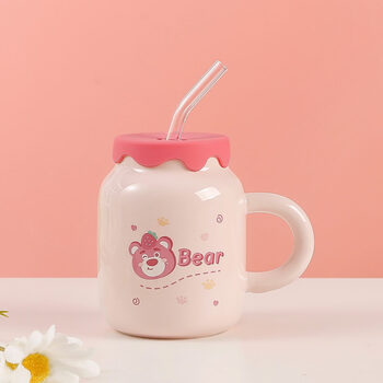 德梵蒂吸管杯成人ins创意陶瓷草莓小熊杯子带盖吸管高颜值女生生日