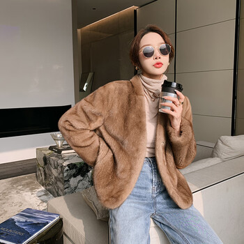 babiboy2022新款进口天鹅绒整貂皮草年轻短款貂皮大衣女v领水貂皮草