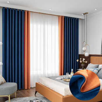 双开客厅大气新款飘窗窗帘布人字纹橙色拼普蓝打孔款35m宽27m高一片
