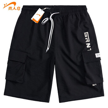 贵人鸟短裤男系带休闲百搭字母宽松复古中青年个性弹性男女同款 黑色