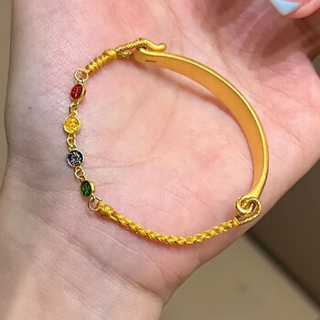 欧颜(oyshipin)黄金半镯半链女999足金烧蓝平安喜乐编织手链520情人节