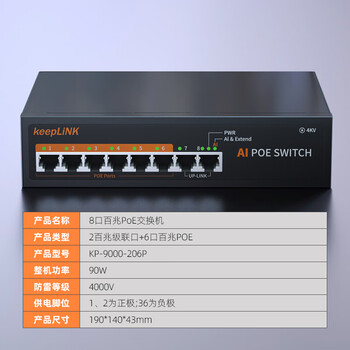 keepLINKKP-9000-206P 百兆8口POE交换机AI智能监控摄像头分离器交换器90W