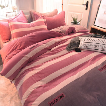 阿广家纺 冬天牛奶绒保暖四件套格子床上男女简约灰色被套双面加厚加