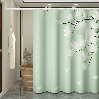 倩绒霆 卫生间浴帘杆套装 免打孔浴室帘加厚布帘新中式防水浴帘淋浴帘