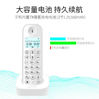 飞利浦（PHILIPS）数字无绳电话机/无线座机/单主机 白色屏幕背光 高清免提 家用办公 DCTG160（白色）