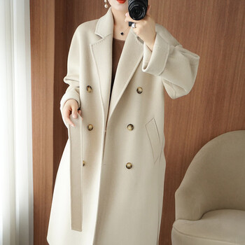 2022秋冬羊毛大衣女长款过膝双面呢子带腰带宽松风衣羊绒外套 米白色