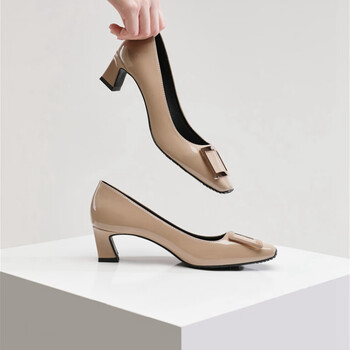 rv女鞋粗跟方扣单鞋5厘米轻奢名媛商务礼仪气质百搭职业高跟鞋裸色34