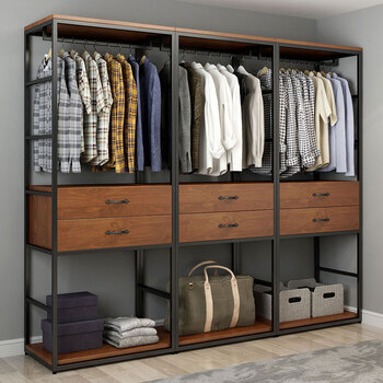 步入式衣柜金属铁艺置物衣柜 loft开放式衣帽间落地抽屉衣橱实木衣柜