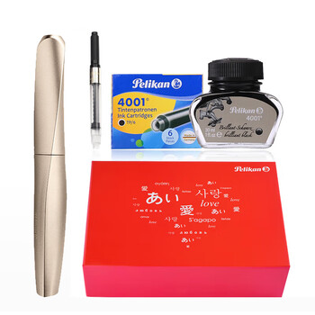 百利金Pelikan钢笔签字笔 学生练字文具套装Twist P457扭转金属漆钢笔香槟金F 红色LOVE礼盒套组