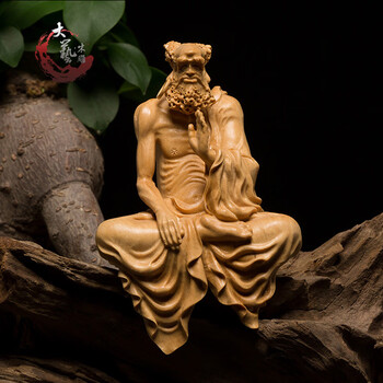 慰】中国美術 唐木黄楊木彫刻 老松達磨座像 置物 古玩 IKOE