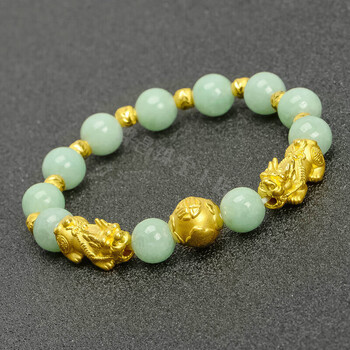520周大褔足金貔貅手链男女黄金貔恘硬金珠子豆绿翡翠转运珠纯