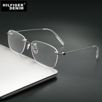 hilfigerdenim无框眼镜男纯钛方形商务无边框近视镜架定制数树脂镜片