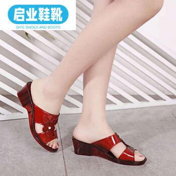 女士一字拖/十字拖>槿瑰>槿瑰水晶高跟凉拖鞋女夏季果冻透明坡跟拖鞋