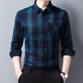 雅戈尔剪标长袖衬衫男春秋装中青年男士休闲加厚格子真口袋宽松大码