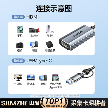 山泽HDMI视频采集卡4K60Hz高清输入Switch/PS5/NS笔记本电脑手机抖音直播MS2130相机录制USB3.0/Type-C 山泽HDMI视频采集卡4K60Hz高清输入Switch/PS5/NS笔记本电脑手机抖音直播MS2130相机录制USB3.0/Type-C