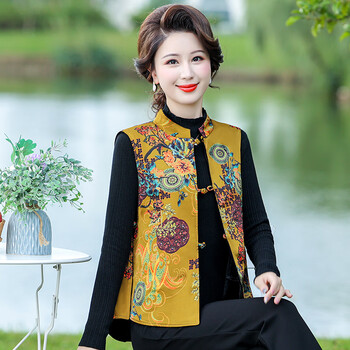 乌拓香云纱马甲早秋花罗织锦新中式背心女改良唐装立领短款坎肩 两面