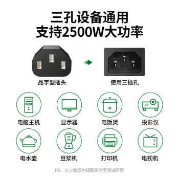 绿联电脑主机电源线 国标三孔品字尾通用适用台式机显示器屏电饭煲电水壶打印机电源适配器连接线