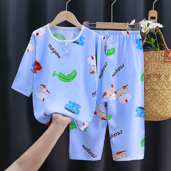 仓梵6765两上衣服裤子品牌适合216小孩子夏季棉绸套装家居服绵绸