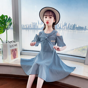 时尚气质甜美可爱学院风露肩裙子315岁小孩子学生童装1092蓝色120cm