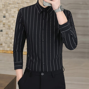 雅弋尔条纹衬衫男装长袖春秋季免烫抗皱衬衣商务休闲感寸衫黑色2xl