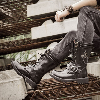 春潮流高面高帮男靴作战靴做战靴男牛仔靴 黑色内增高 37