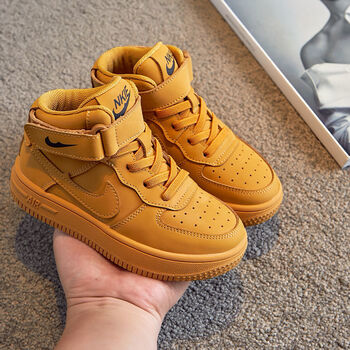 皮aj运动鞋2022春季新款高帮空军一号童鞋女童板鞋男童鞋潮 棕色单鞋