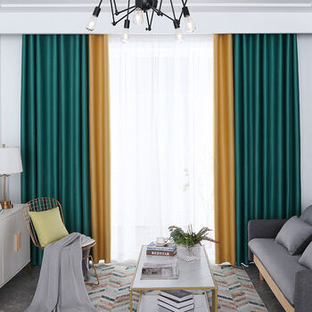 送杆窗帘全遮光成品带杆卧室客厅简约现代隔热防晒拼接遮阳布墨绿色拼