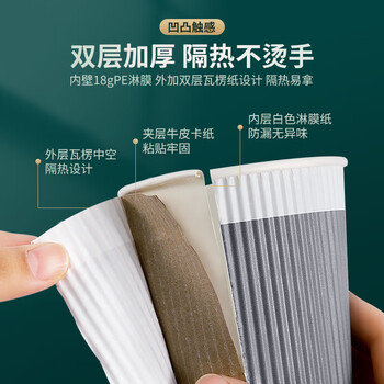 百草园一次性纸杯瓦楞杯商务办公咖啡杯防烫双层隔热280ml*50只 格调灰