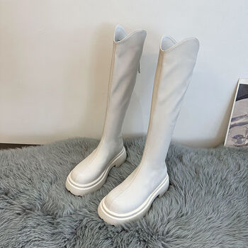 2023年春秋季高筒春秋春冬小个子粗跟防滑英伦风骑士 白色标准版 35