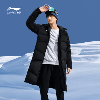 李宁（LI-NING）长款棉服新款乒乓球服保暖防风连帽外套男女同款 黑色 XL 