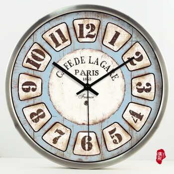 石英钟美式挂钟欧式数字地中海淡蓝海洋风装饰钟表静音钟130 银色金属