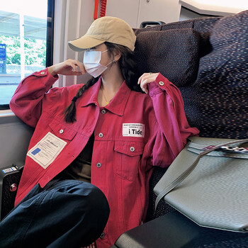 女2023春秋新款韩版宽松小个子港风休闲夹克上衣玫红色优质版xs95斤内