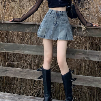 樱妆美式复古牛仔半身裙女夏季2024新款百褶裙小个子高腰显瘦a字短裙