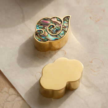 漢墨 祥云螺钿贝彩黄铜镇尺 镇纸创意压纸文镇学生书法文镇2支装 文房四宝高颜值铜器摆件