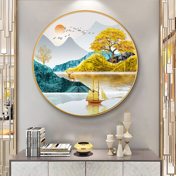艺轩 新中式圆形装饰画山水画入户玄关画走廊过道尽头客厅壁画晶瓷画