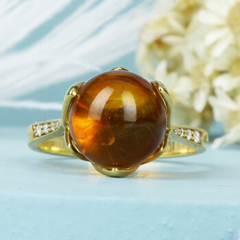 嘉乐琥珀18k金镶嵌琥珀圆珠戒指金珀虫珀女戒琥珀蜜蜡珠宝饰品a款圈号
