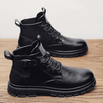 皮面高帮休闲靴子男冬天男士潮流百搭中帮户外工装皮靴马丁靴黑色41