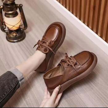 七屿鹿牛皮软底软面小皮鞋女英伦风单鞋外穿百搭平底舒适工作鞋棕色36