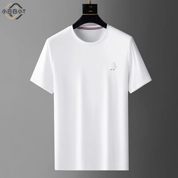小白白小t高支高密立体绣花纯棉t恤年新款罗纹圆领感男士白色短袖小白