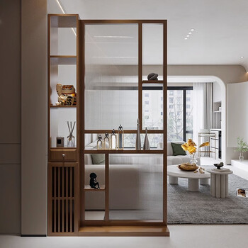 旷途新中式实木长虹玻璃屏风隔断客厅入户玄关柜餐厅边柜镂空花格遮挡