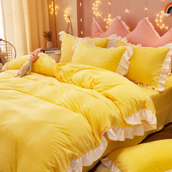 珊瑚绒公主床裙式床上用品暖阳牛奶绒黄色15m床裙款四件套被套200x230