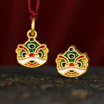 黄金珐琅烧蓝喜狮吊坠转运珠国潮足金999狮子挂坠瑞兽串珠3d硬金烧蓝